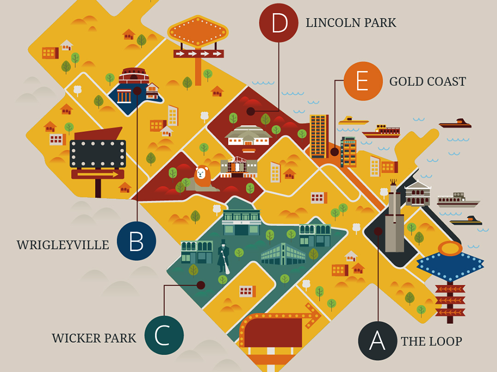 Infographic designs featuring travel, food, products, and lifestyle topics with map-based and curated visuals.